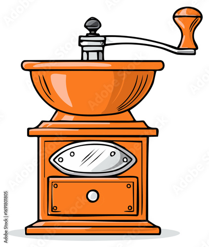 Illustration of a Orange Wooden Coffee Grinder with Hand Crank for Grinding Beans