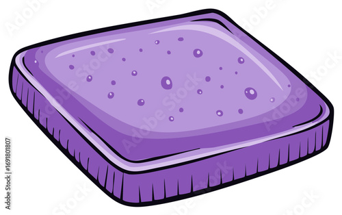 Illustration of a Textured and Purple Bath Sponge, Showcasing Cleansing Accessory and Water Droplets
