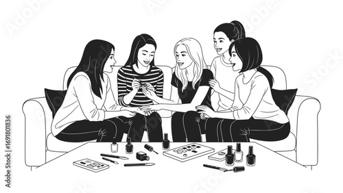 A group of five young women gathered on a sofa engaged in a conversation while surrounded by nail polish bottles and tools enjoying a relaxed beauty session together