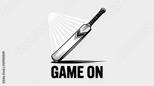 A cricket bat with a black handle and design with light rays and game on text below it shown | editable eps vectors
