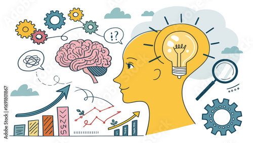 Illustration of a head with a lightbulb, brain, gears, charts, and magnifying glass representing ideas | editable eps vectors