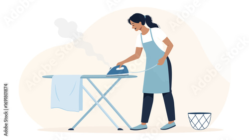 Woman ironing clothes on an ironing board with steam coming from the iron in a domestic setting | editable eps vectors