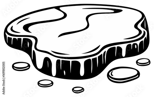Black and White Illustration of a Steak, Dripping Sauce, and Coins