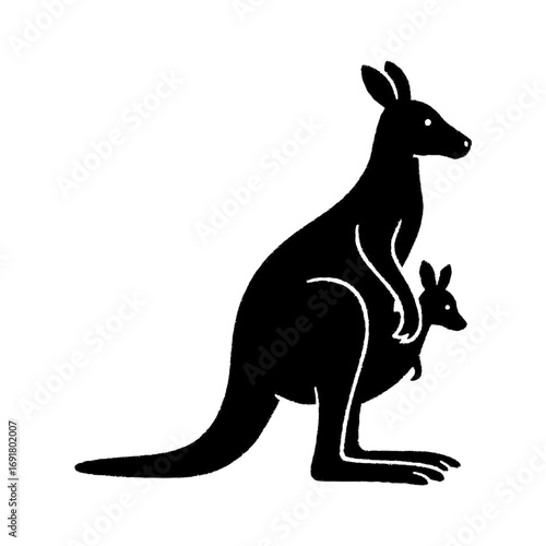 A black silhouette of a mother kangaroo with a joey in her pouch isolated on white background