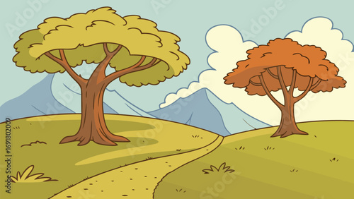 Cartoon landscape with two trees a winding path clouds and mountains in the background illustration art | editable eps vectors