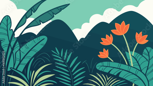 Illustration of tropical plants with orange flowers against a mountain and cloud background scene | editable eps vectors