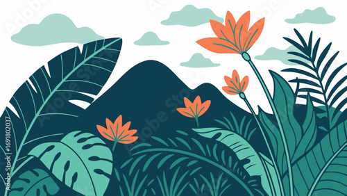 Tropical landscape with mountain backdrop and orange flowers and lush green foliage depicted in a flat style | editable eps vectors