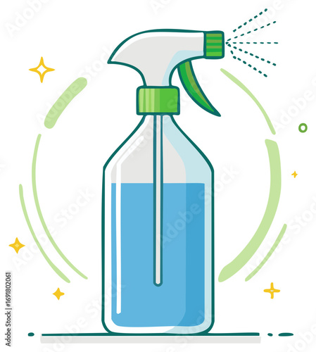 Cartoon vector illustration of a spray bottle dispensing cleaner