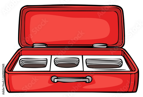 Bright red open case with three internal compartments and handle, vector illustration