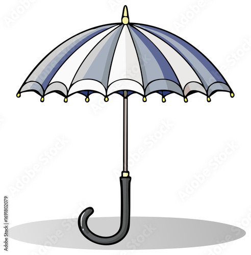 Open blue and white umbrella with a curved black handle and yellow accents on its tips creating a shaded effect