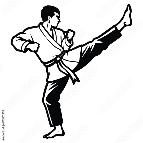 Karate practitioner performing a side kick in a white gi with a black belt on a white background martial arts