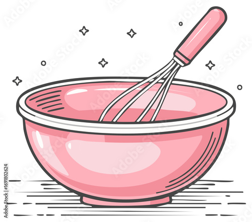 Cute hand drawn illustration of a pink mixing bowl and whisk for baking.