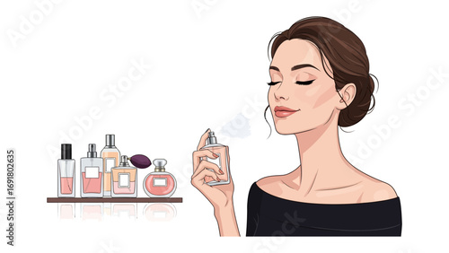 Elegant woman with eyes closed enjoying the scent of a perfume bottle surrounded by a collection of various fragrances on a shelf
