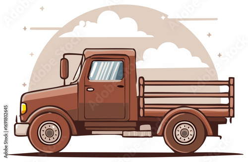 Illustration of a Brown Vintage Truck with Clouds on a Beige Sky Backdrop Vehicle