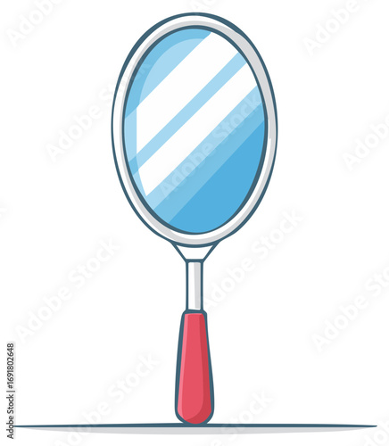 Cartoon image of a hand mirror with a red handle and a clear reflection