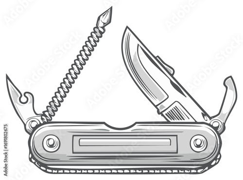 Open multipurpose pocket knife with opened blade and pointed tool