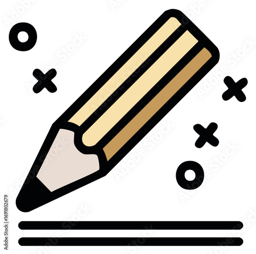 Illustration of wooden pencil writing with sparkle accents and parallel lines