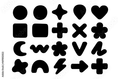 Big set of universal geometric shapes. Abstract basic figures and symbols for minimalist modern design. Collection of black decorative elements. Vector icons for creative projects.
