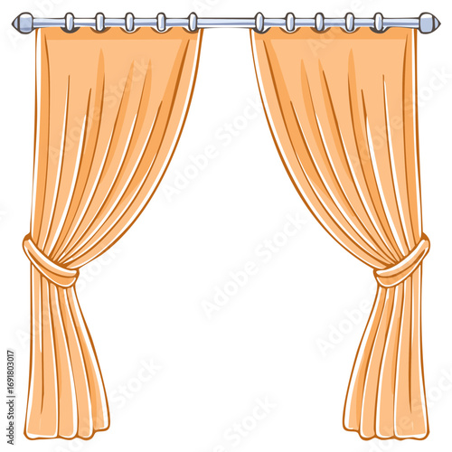 Warm toned decorative window drapes with metal grommets and elegant tie-backs, home decor illustration