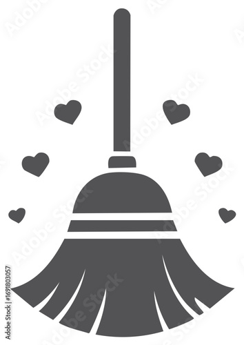 Cleaning broom icon with love hearts representing happy housekeeping and tidiness