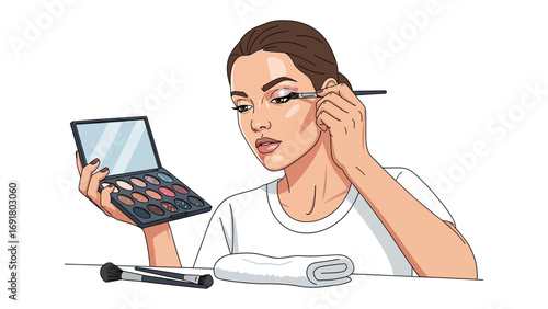 Young woman applying eye makeup with a brush from a palette while holding a mirror focusing on her beauty routine and self care