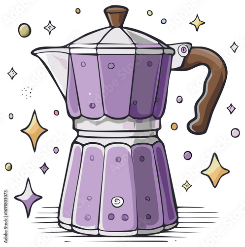 Whimsical purple moka pot with stars and polka dots in cartoon style for cafe decor