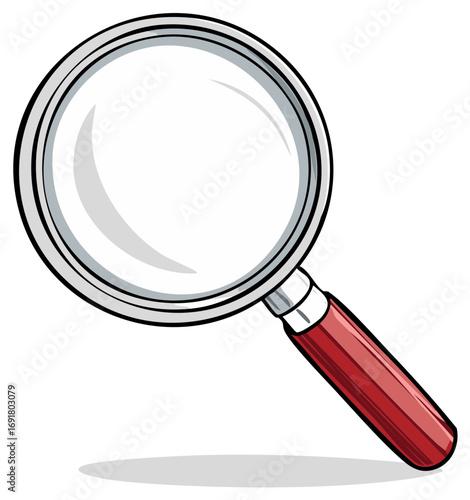 Illustration of a magnifying glass featuring a red handle search tool exploration