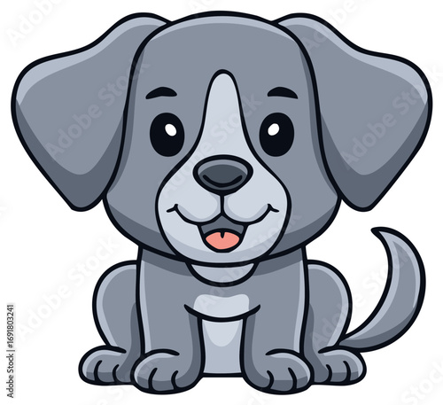 Cute gray cartoon puppy dog sitting and smiling happily illustration