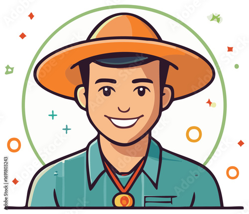 Illustration of Smiling Man in Hat and Shirt with Medal Vector Design Element