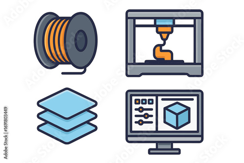 3D printing icons set with printer, filament, layers, and computer interface. Vector concept for additive manufacturing, rapid prototyping, and engineering technology design.
