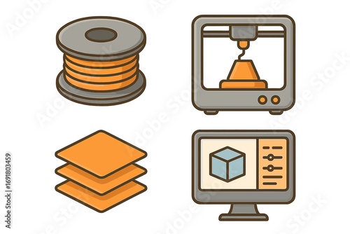 3D printing icons set. Filament, printer, layers, monitor with modeling interface. Vector cartoon illustration for additive manufacturing technology and rapid prototyping concept.