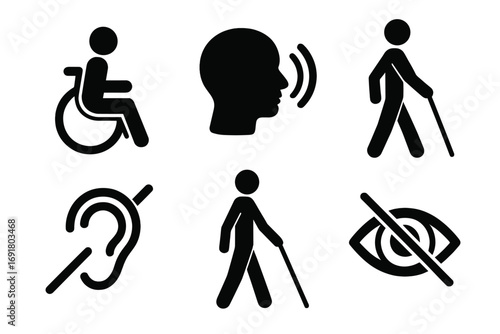 Accessibility icon set with disability symbols. Vector pictograms for disabled people. Wheelchair, blind person, deaf sign, visual and hearing impairment graphics collection.