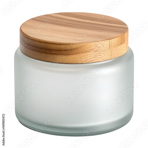 3D frosted glass jar mockup with wooden lid, soft matte texture