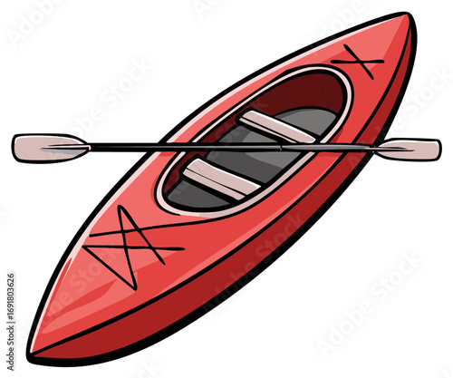 Vivid Red Kayak and Paddle Icon for Outdoor Recreation and Adventure