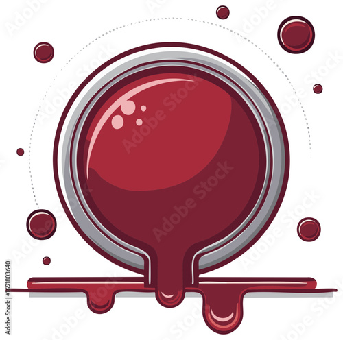 Red liquid spilling from a silver rimmed container with droplets