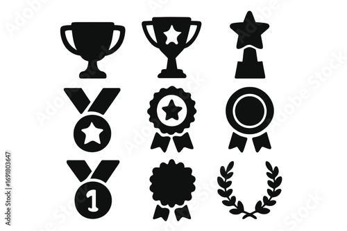 Trophy and medal vector icon set. Black silhouette achievement awards. Champion prize, winner cup, and first place reward symbols. Victory, success, and competition concepts.