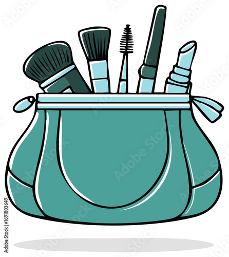 A teal cosmetic bag overflowing with makeup brushes lipstick mascara and eyeliner cartoon illustration
