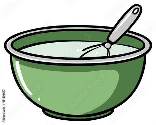 Illustration of Green Bowl with Whisk Mixing Liquid, Kitchen Prep Element, Food Preparation Graphic