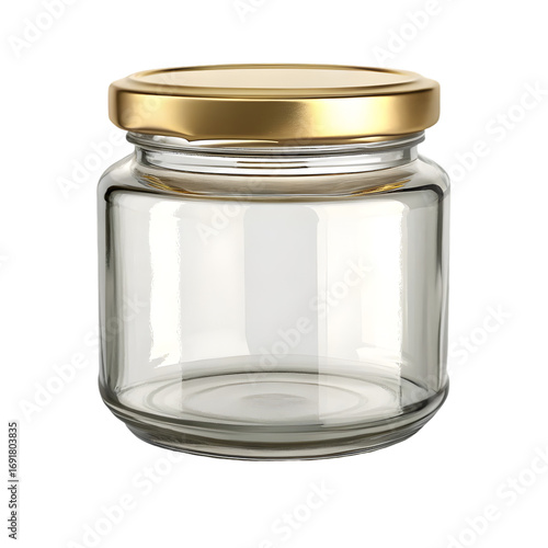 3D glass jar mockup with transparent body and golden lid