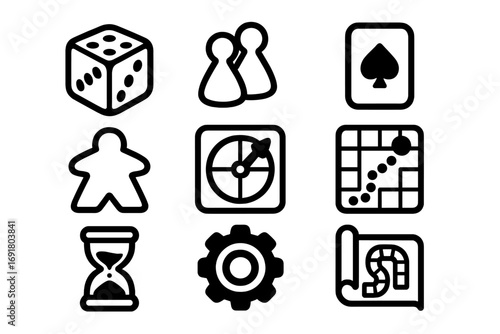 Tabletop gaming icon set. Minimalist vector symbols for board games. Includes dice, meeple pawn, player token, playing card, map, spinner, hourglass, and strategy gear.