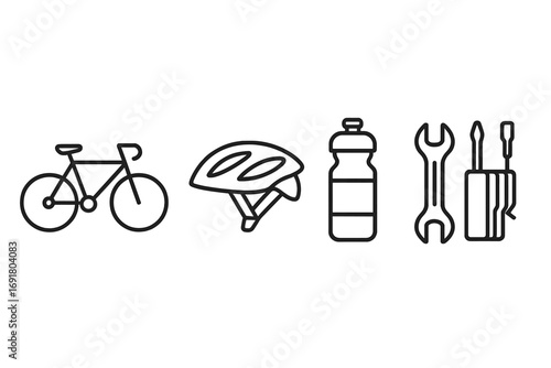 Cycling essentials icon set with bike, helmet, water bottle, repair tools. Linear style vector. Bicycle accessories and equipment for sport, travel, leisure and maintenance.