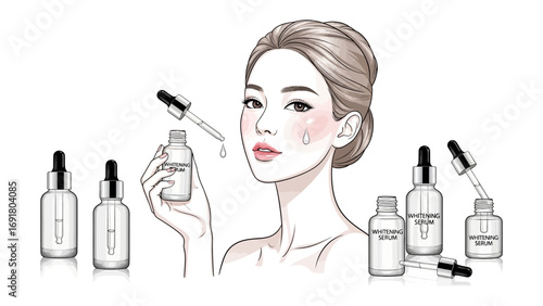 Close up of a woman s face with serum dropper applying liquid to skin surrounded by various cosmetic serum bottles and droppers in a clean white background