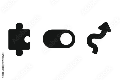 Adaptive skills solid icon set. Flexibility, problem solving, change management concept. Vector glyphs of puzzle piece for solution, toggle switch for options, and flexible arrow.