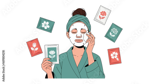 Young woman with a white sheet mask on her face and a green towel on her head surrounded by colorful skincare product packets enjoying a home spa treatment