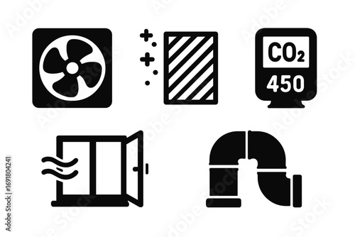 Air quality control solid icon set. Ventilation fan, air filter, CO2 monitor, open window, HVAC duct symbols. Fresh indoor climate, airflow and purification concept vector.