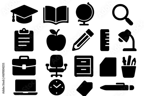 Education and office silhouette icon set for business and school. Vector collection of learning, work, and study supply symbols for web, digital, and print media design.