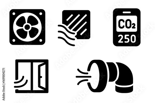 Air quality control solid icon set. HVAC ventilation system symbols. Fan, air filter, CO2 monitor, open window, duct pipe. Fresh air and pollution concept vector icons.