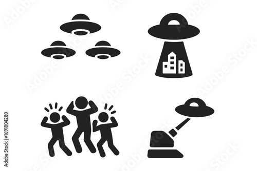 Alien invasion solid icon set. Vector glyphs of UFO attack, flying saucer fleet, city abduction beam, panicked crowd, and space weapon laser. Sci-fi concept symbols.