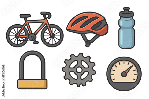 Essential cycling icons collection. Vector cartoon illustration set with bike, helmet, water bottle, lock, gear, and speedometer. Bicycle sport and safety equipment.