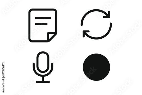 Minimalist line icon set for user interface design. Vector icons for note, document, sync, update, voice memo, microphone, and record button. UI UX elements for web design.